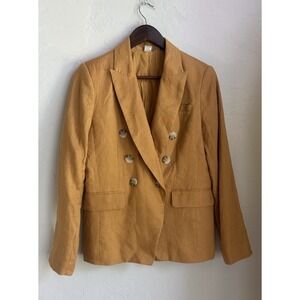 Magaschoni 100% Linen Double Breasted Blazer S Jacket Tan Quiet Luxury Preppy